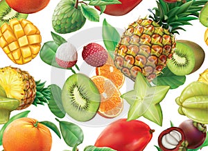 Realistic pattern with colorful tropical fruits. vector mesh illustration