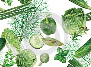 Realistic pattern with green vegetables. vector mesh illustration
