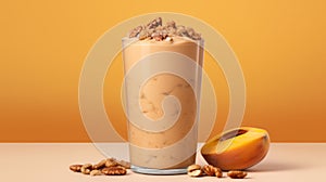 Realistic Peach Smoothie With Peanut Butter Powder And Pecans