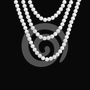 Realistic pearl necklace hangs on a dark background.