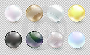Realistic pearl set isolated on transparent background. Round white, grey, black pearl oyster, precious gem. Vector spherical pink
