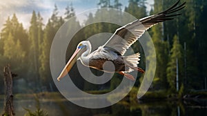 Realistic Pelican Flying Over Water In Forest - Vray Tracing Photography