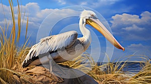 Realistic Pelican Perched On Rock With Blue Sky Background