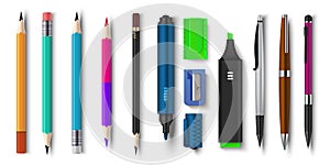 Realistic pen and pencils. 3D school and office supplies, brush marker and sharpened pencils. Vector colored plastic set