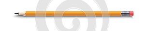 Realistic pencil. 3D sharpened yellow pencil with a red rubber band. Vector graphite pencil photo