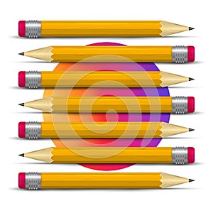 Realistic pencil set. Creation metaphor. Gradient circle. 3D pencils vector illustration. Sharpened pencils with eraser