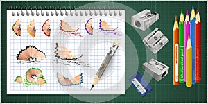 Realistic pencils. 3D colored school stationery with sharpener and shavings. sharpened pencils of various lengths with a