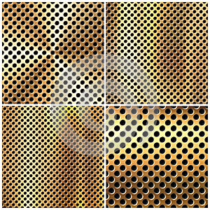 Realistic perforated brushed metal textures set. Polished stainless steel background. Vector illustration.