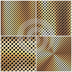 Realistic perforated brushed metal textures set. Polished stainless steel background. Vector illustration.