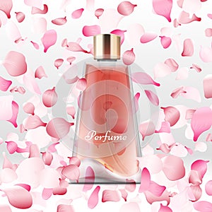 Realistic perfume bottle and flying pink petals background