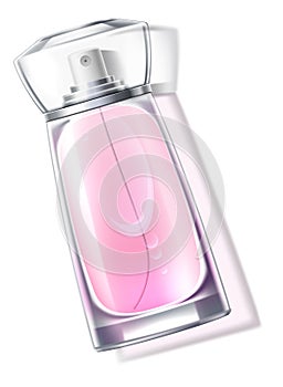 Realistic perfume glass bottle with pink aroma liquid