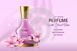 Realistic perfume glass bottle. Women pink luxury sakura essence in elegant vial, delicate floral fragrance, japanese