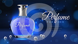 Realistic perfume. Women fragrance toilet water advertisement, cosmetics bottle ad poster template, glass 3d phial