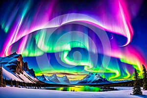 Realistic photo of aurora borealis at the north pole contrast with bright paint colors