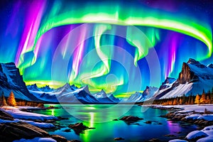 Realistic photo of aurora borealis at the north pole contrast with bright paint colors