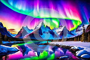 Realistic photo of aurora borealis at the north pole contrast with bright paint colors
