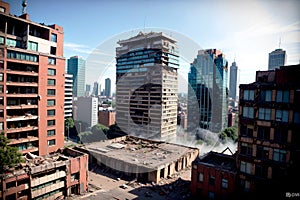 Realistic photo bird view landscape of destructed broken city building and street