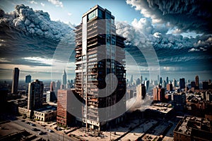 Realistic photo bird view landscape of destructed broken city building and street