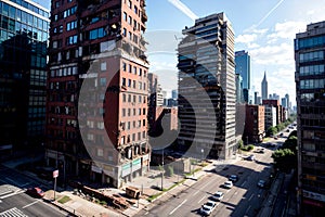 Realistic photo bird view landscape of destructed broken city building and street