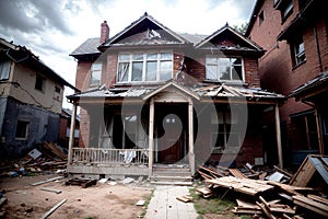 Realistic photo of destructed broken wood house