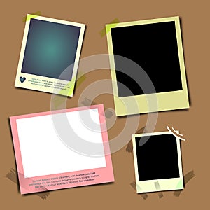 Realistic photo frame with shadow on brown isolated background, Empty photography snapshot template with adhesive tape