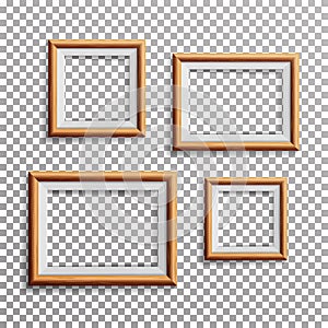 Realistic Photo Frame Vector. Set Square, A3, A4 Sizes Light Wood Blank Picture Frame, Hanging On Transparent Background From The