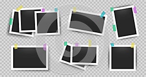 Realistic photo frames with tape. Retro 3D snapshot with white frame and sticky tape on the transparent wall. Vector old