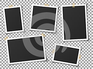 Realistic photo frames. Vintage empty photos frame with adhesive tapes. Images on wall, retro memory album. Vector