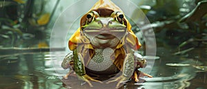 A realistic photo of a frog wearing a yellow raincoat sitting on a lily pad in a pond surrounded by cattails