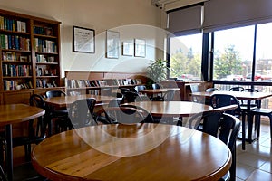Realistic photo interior of wood table chairs with bright window lighty library study room