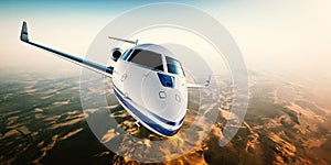 Realistic photo of silver generic design private Jet flying over the mountains. Empty blue sky with sun at background