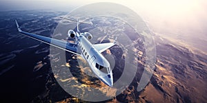 Realistic photo of silver generic design private Jet flying over the mountains. Empty blue sky with sun at background