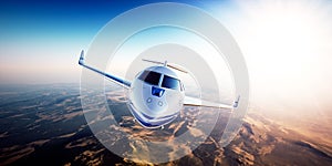 Realistic photo of White generic design private jet flying over the mountains. Empty blue sky and sun at background