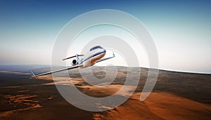 Realistic Photo White Luxury Generic Design Airplane.Private Jet Cruising High Altitude, Flying Over Mountains.Empty