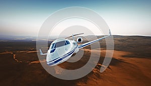 Realistic Photo White Luxury Generic Design Private Airplane Jet Flying Over the Mountains.Empty Blue Sky with Sun at