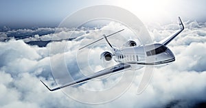 Realistic photo of White Luxury generic design private jet flying over the earth. Empty blue sky with white clouds at