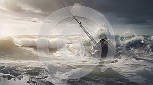 A stormy sea with a sailboat sinking in the waves.