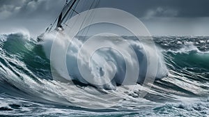 A stormy sea with a sailboat sinking in the waves.