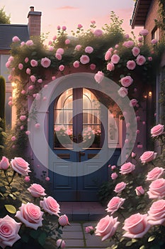 A realistic photography, a clump of soft pink roses outside the house, beautiful, aesthetic, lush flowers outdoor, fantastic