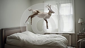 Realistic Photography Installation: Deer Jumping On Bed Sheets photo
