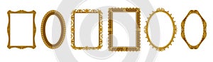 Realistic picture frames. Empty gold museum borders. Golden photo antique ornate. Victorian royal ornaments. Luxury
