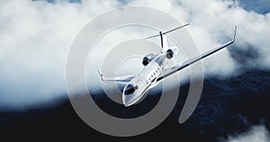 Realistic picture of White Luxury generic design private airplane flying over the earth. Abstract white clouds at