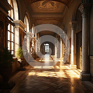 A realistic pictures of a hallway of a building in a renaissance era AI generative