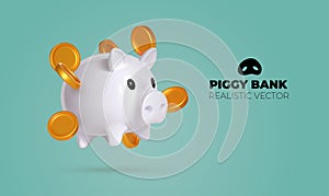 Realistic Piggy bank with money creative business concept. White pig keeps gold coins. Keep and accumulate cash savings. Financial