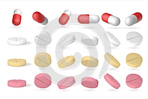 Realistic pill. 3D isometric flying drugs isolated on white, closeup of medical supplements. Vector medicament set