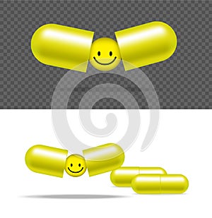 Realistic Pill Medicine Capsule Panel With Smile on White Background Vector Illustration. Tablets Medical and Health