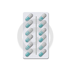 Realistic pills blister with capsules on white background. Realistic mock-up of pills packaging medicines, tablets, capsules, drug