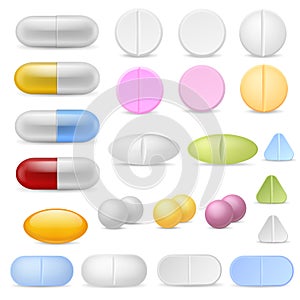 Realistic pills icons. Medicines tablets capsules drugs painkillers antibiotics vitamins. Pharmaceutical treatment photo