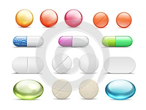 Realistic pills. Medicine tablets round vitamins and capsule drugs, different healthcare pharmacy. Vector cure medicines photo