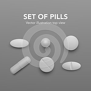 Realistic pills. Set of white drug capsules. Pharmacy medicine and healthcare. Antibiotic or vitamin tablets top view. Vector